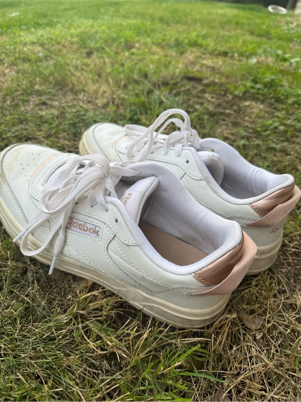 Reebok White Leather Sneakers with Blush Heel